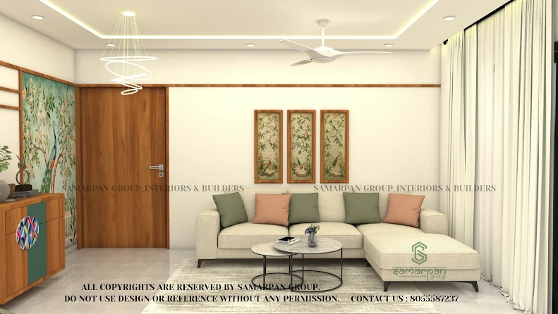 Living room interior by Samarpan Group, featuring a sectional sofa, hand-painted botanical mural and warm wood accents